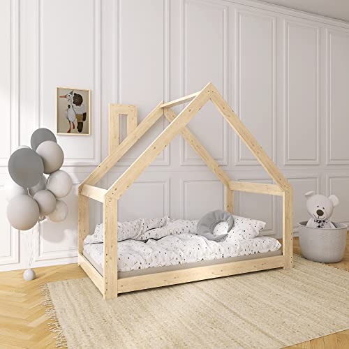 Need Sleep Kinderbett Haus Hausbett Bodentief 70x140 cm ohne Rausfallschutz mit Schornstein Lattenrost Bodenbett Montessori Bett ab 2 Jahre aus Holz Mädchen Junge Symmetrisch von Need Sleep