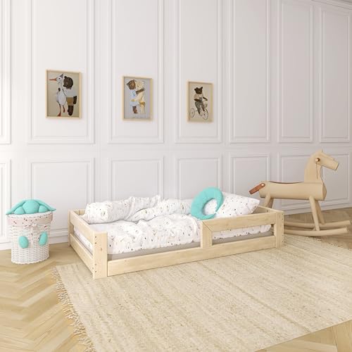 Need Sleep Montessori Bett Kinder Bodenbett 90x200 cm mit Rausfallschutz Lattenrost Kinderbett am Boden Niedrig Kids Floor Bed Bodentief aus Holz Mädchen Junge von Need Sleep