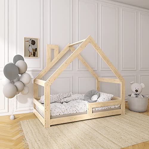 Need Sleep Kinderbett Haus Hausbett Bodentief 90x200 cm mit Rausfallschutz Schornstein Lattenrost Bodenbett Montessori Bett ab 2 Jahre aus Holz Mädchen Junge Symmetrisch von Need Sleep