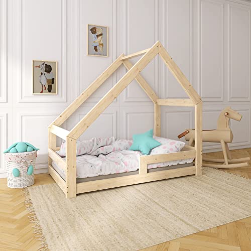 Need Sleep Hausbett Kinder Kinderbett 90x200 Bodentief mit Rausfallschutz Lattenrost Kleinkind Bodenbett Haus ab 2 Jahre Montessori Bett aus Holz Mädchen Junge Asymmetrisch von Need Sleep