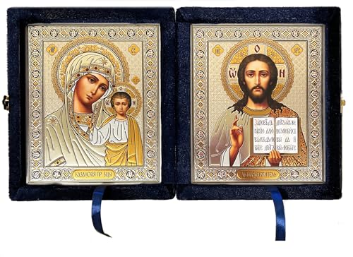 Christus der Lehrer und Jungfrau von Kasan, orthodoxe Ikone Diptychon in blauem Samtetui, religiöse Geschenkidee Jungfrau Maria 20,3 cm, Silberfolien-Ikonen von Needzo