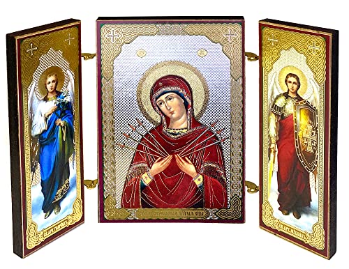 Jungfrau Maria Ikone Sorrows Sieben Schwerter Triptychon Madonna mit Erzengel Heiliger Gabriel und Michael 9,5 cm religiöse Geschenke für Frau Mann von Needzo