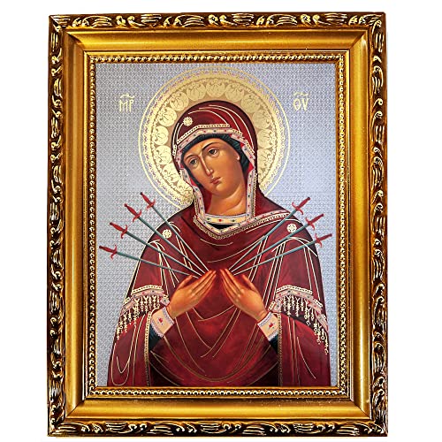 Jungfrau Maria der sieben Schwerter Unsere Dame der Sorrows, katholische, orthodoxe Symbol, 24,9 cm, Goldfolien-Ikone, religiöses Geschenk für Frau, Mann, mit Ständer und Wandbehang von Needzo