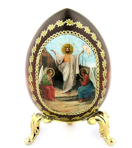 Needzo Bild von Jesus Christus Auferstehung russisches Holz Ikone Ei 10,2 cm mit Eierständer Halter Osterdekoration Religiöses Geschenk handgefertigt von Needzo