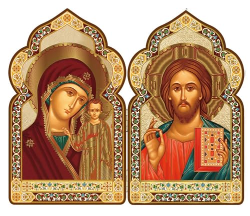 Russisch-orthodoxe Ikone Diptychon Jungfrau von Kasan und Christi der Lehrer, 19,5 cm, Symbole der Jungfrau Maria und Christi von Needzo