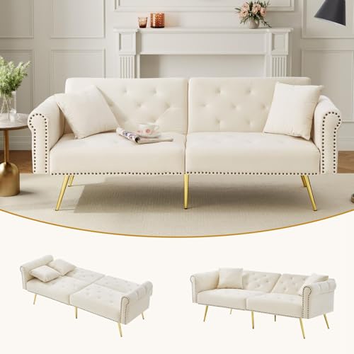 Neegaurd Schlafsofa 2-Sitzer mit Verstellbarer Rückenlehn, Samt-Sofa mit Schlaffunktion 173 x 75 x 70 cm, Schlafsofa Ausziehbar, Tagesbett Bettsofa Schlafcouch Sofabett Polstersofa (Beige) von Neegaurd