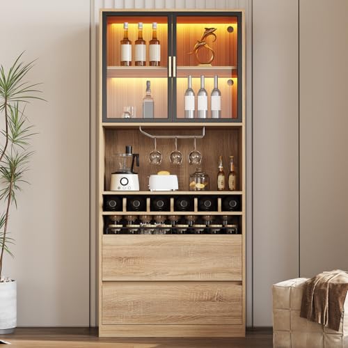 Neegaurd Weinschrank mit Weinregal, Küchenschrank Hochschrank aus Holz, Buffetschrank Küchenbuffet mit Glastür und 2 Schubladen, Vitrinenschrank für Wohnzimmer Esszimmer 180 x 40 x 80cm (Weiß) von Neegaurd