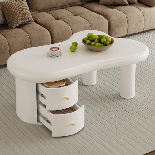 Neegaurd Wolkenförmiger Couchtisch, unregelmäßiger Couchtisch, Modern Wohnzimmertisch in Wolkenform mit 2 Schubladen, Moderner Weiß Sofatisch Kaffeetisch, stabil Beistelltisch für Schlafzimmer (Weiß) von Neegaurd