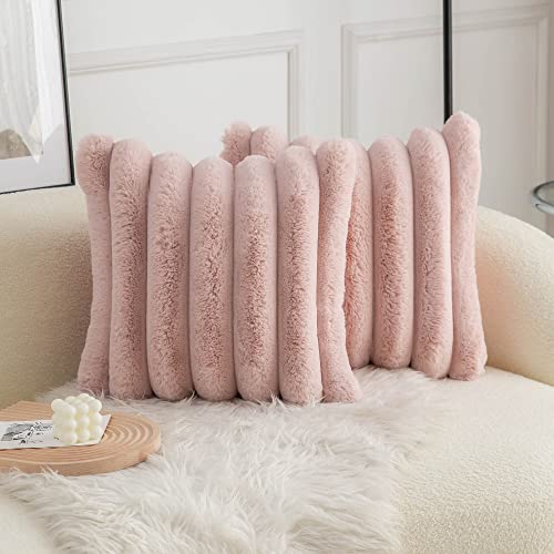 Neelvin 2er Set Plüsch Kissenhülle Kunstpelz Gemütliche Weiche Gestreifte Dekorative Kissenbezug Kissenbezüge Dekokissen Zierkissenbezug Sofakissen Pink 40x40 cm für Sofa Schlafzimmer von Neelvin