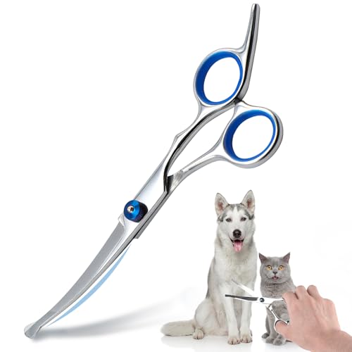 Hundeschere Gebogen, Hunde Schere für Hunde und Katzen, Edelstahl Fellschere Hunde Sicherheit Runde Spitze, Profi Hundehaarschere mit Einstellbare Schraube (Gesamtlänge 17cm) von Neerow