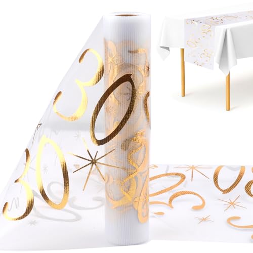 Tischläufer 30 Geburtstag, 28cm x 10m Tischläufer Geburtstag Polyester, Glänzend Gold Tischläufer Geburtstag Rolle Zuschneidbar, Party Deko 30 Geburtstag Tischband für 30 Jährige Mann und Frau von Neerow