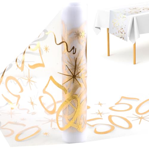 Tischläufer 50 Geburtstag, 28cm x 10m Tischläufer Geburtstag Polyester, Glänzend Gold Tischläufer Geburtstag Rolle Zuschneidbar, Party Deko 50 Geburtstag Tischband für 50 Jährige Mann und Frau von Neerow