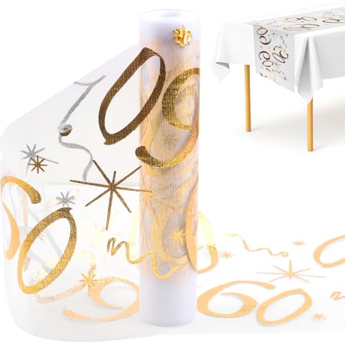 Tischläufer 60 Geburtstag, 28cm x 10m Tischläufer Geburtstag Polyester, Glänzend Gold Tischläufer Geburtstag Rolle Zuschneidbar, Party Deko 60 Geburtstag Tischband für 60 Jährige Mann und Frau von Neerow
