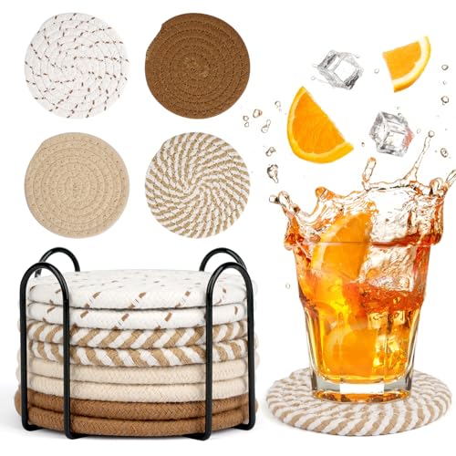 Untersetzer Gläser, 8 Stück Glasuntersetzer Rund Handgemachte, Tassenuntersetzer aus Baumwolle mit Halter, Getränkeuntersetzer Hitzebeständiger Waschbarer für Getränke, Tassen, Glas(11.5 x 11.5cm) von Neerow