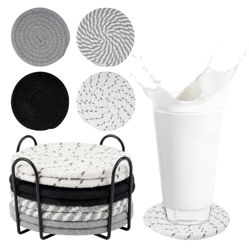 Untersetzer Gläser, 8 Stück Glasuntersetzer Rund Handgemachte, Tassenuntersetzer aus Baumwolle mit Halter, Getränkeuntersetzer Hitzebeständiger Waschbarer für Getränke, Tassen, Glas(11.5 x 11.5cm) von Neerow