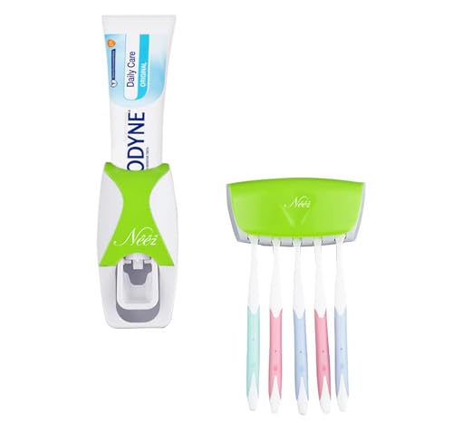 Neez Zahnbürstenhalter mit Zahnpastaspender - Zahnbürstenhalter Wand Ohne Bohren - Aufsteckbürsten Halterung Kunststoff - Zahnpasta Spender Automat (Grün) von Neez