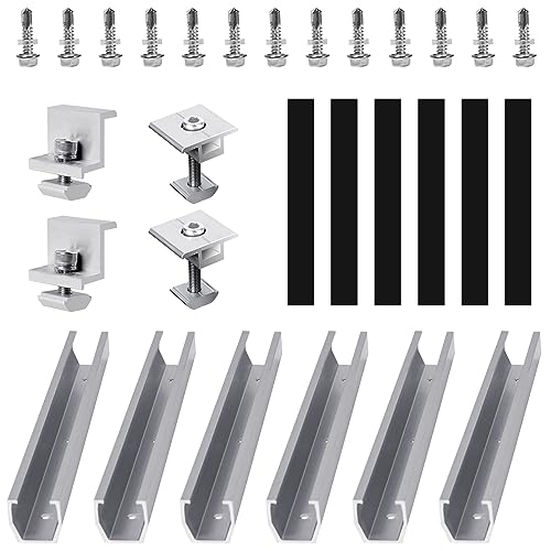 Solarmodul Halterung Kit,NefLaca 6 Stück 12cm und Zubehör Schwarz Eloxiert 30-35mm Verstellbar Halterung für Solarmodule Alu Halterung Montagesystem Trapezblech Montageschiene für Flachdach Trapezdach von NefLaca