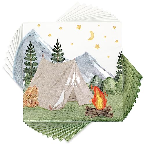 Camping-Papierservietten mit Aquarellzelt, Lagerfeuer, Abenteuer, Wald, Bachelorette, One Happy Camper, Wandern, Glamping, Geburtstagsgeschenk, für Jungen, Mädchen, drinnen und draußen, Dessert, von Nefelibata