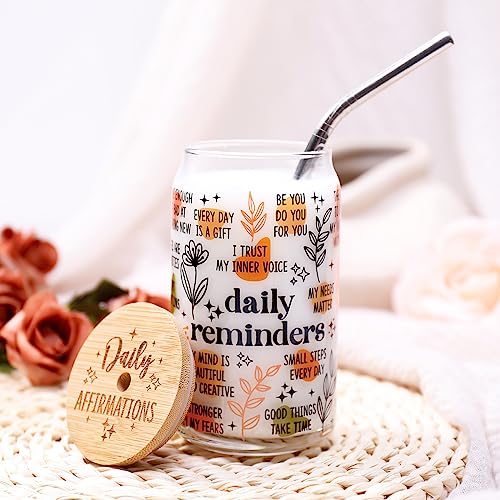 Nefelibata Daily Affirmations Tasse Bierdose Glas Tägliche Manifestation Eiskaffee 473 ml Boho Tägliche Erinnerung mit graviertem Deckel Psychische Gesundheit Positives Büro Geschenk Beste Freundin von Nefelibata