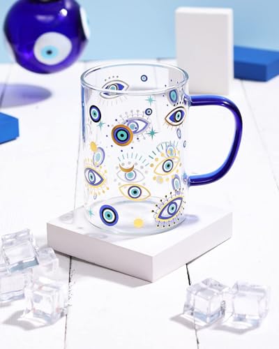 Nefelibata Evil Eye Glas-Kaffeetasse mit Griff, 473 ml, Glasdose für heiße/kalte Getränke, Cappuccino, Latte, Espresso, Bier, Hamsa, blauer böser Blick zum Schutz, Becher, hitzebeständig und von Nefelibata