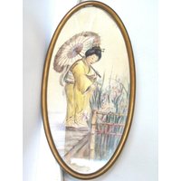 Vintage Geisha Aquarellmalerei Frau Mit Regenschirm, Ovaler Goldrahmen 1950Er Jahre von NehiandZotz