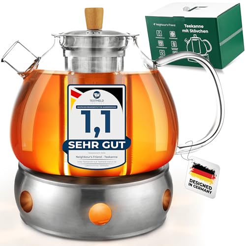 Neighbour's Friend® 1,5 l Teekanne mit Stövchen für losen Tee & Teebeutel - Glas Teekanne tropffrei groß - 3-teiliges Edelstahl-Sieb - Teestövchen Edelstahl kratzfrei - Für alle Teesorten von Neighbour's Friend