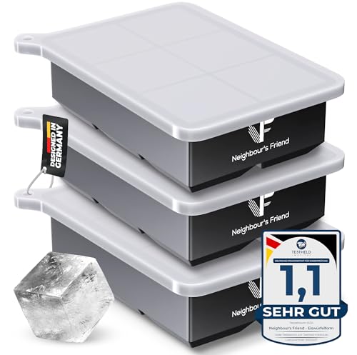 Neighbour's Friend Eiswürfelform groß 3er Pack - 18x XXL Eiswürfel für Cocktails, Whisky & Longdrinks - Platinsilikon Eiswürfelform mit Deckel spülmaschinengeeignet - Rieseneiswürfelform XL von Neighbour's Friend
