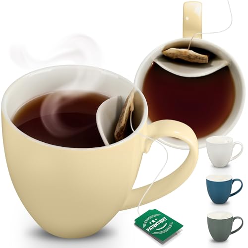 Neighbour's Friend Patentierte Teetasse beige mit Beutelablage I Keramik Tasse groß 325ml I Teebecher Steingut I Keramiktasse für Tee I Spülmaschinengeeignet Teetassen I Modernes Design für Teetrinker von Neighbour's Friend