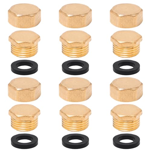 Neikafan 12 Stück Messing kappe 1/2 Zoll Innen und Außengewinde Blindstopfen 1/2 Zoll mit Dichtung Blindkappe Innengewinde für Garten Wasserleitung Rohrkappe 1/2 Inch Messing Blindstopfen von Neikafan