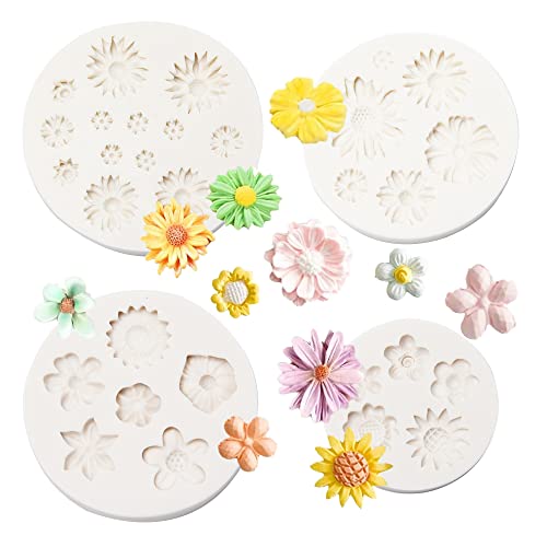 Neikafan 4 Stück Mini Blumen Kuchen Fondant Silikonformen 3D Blume Fondant Silikonform Gänseblümchen Silikonform Blumen Klein Backen Schokoladenformen für Kuchen Schokolade Dekoration (Gänseblümchen) von Neikafan