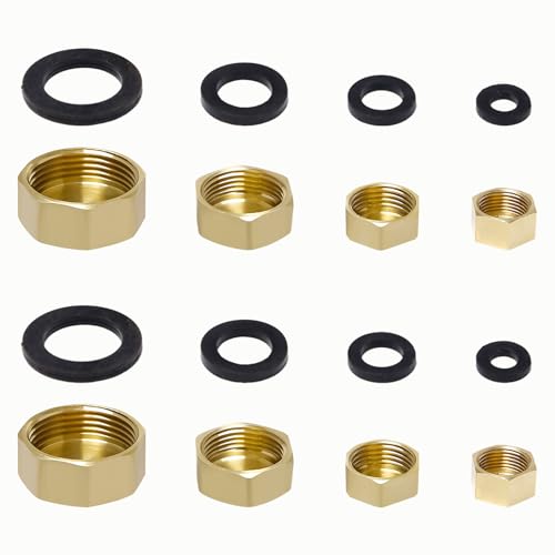 Neikafan 8 Stück Blindstopfen Wasserleitung 1 3/4 1/2 3/8 Zoll Innengewinde Messing Blindstopfen mit Dichtung für Garten Outdoor Wasserrohre Verschlusskappe Heizung mit Gummi Unterlegscheiben von Neikafan