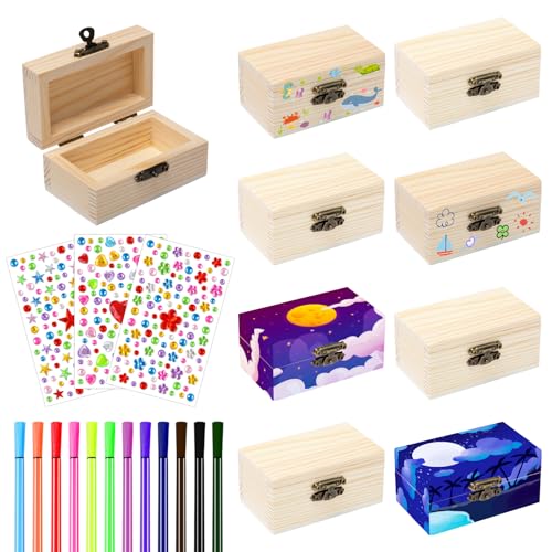 Neikafan 8 Stück Mini Schatztruhe Holz Holzkiste Klein 9 * 5.2 * 4.1cm Schatzkiste Holz mit Deckel mit 12 Aquarellstift und 3 Farbiger Selbstklebende Glitzersteine für DIY Kindergeburtstag Handwerk von Neikafan