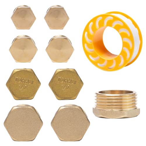 Neikafan Messing Stopfen 1/4 3/8 1/2 3/4 Zoll Außengewinde 8 Stück Verschlussstopfen 1/4 3/8 1/2 3/4 Blindstopfen Endstopfen aus Messing mit 1 Pcs Rohmaterialband für Rohranschluss von Neikafan