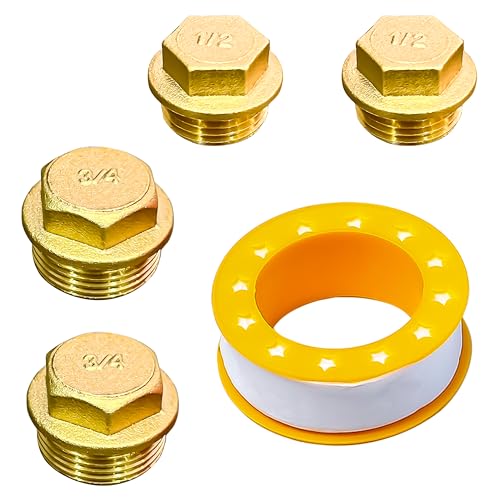 Neikafan Verschlussstopfen Außengewinde 3/4 und 1/2 Zoll 4 Stück Wasserleitung Blindstopfen aus Messing Endkappe 1/2 und 3/4 zoll Außengewinde mit 1 Pcs Teflonband für Rohranschluss von Neikafan