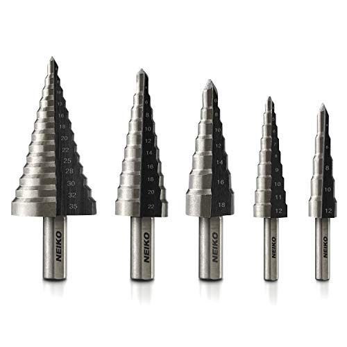 NEIKO 10198A Stufenbohrer-Set, 5-teilig, 4 mm - 35 mm, metrischer Titan-Hochgeschwindigkeitsstahl-Unibit, Schrittkegel-Bohrer, zwei Rillen-Stufen-Bits, 135-Grad-Spitze von Neiko