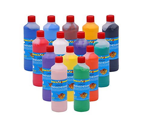 Original Sonnenscheinfarbe | 14 Farben 500 ml | Extrem elastisch | Hochglänzend lackähnliche Hobbyfarbe |Bastelfarbe für Kinder |weitgehend wasserfest |für alle Untergründe |hoch-leuchtende Oberfläche von Nein