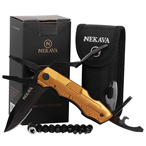 NEKAVA 5-in-1 Multitool | Multifunktionswerkzeug mit Klappmesser in schwarzem Edelstahl und Griff aus Gold. Ideal als Survival Messer für Outdoor, Campen, Haushalt. Inkl. GRATIS Credit Card Tool von Nekava