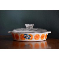 70Er Jahre Pyroflam Auflaufform Mit Deckel, Pc11/1, 5L/18 cm, Dekor Orange, Rarität, Corningware, Made in Holland von NellysVintageFeeling
