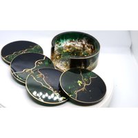 Resin Untersetzer | Ständer 4Er Set Runde Schwarz & Grün Farbe Funkelt Blattgold Dekoration Handgemachter Geschenk von NemaRelief