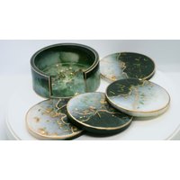 Resin Untersetzer | Ständer 4Er Set Runde Weiß & Grün Farbe Funkelt Blattgold Dekoration Handgemachter Geschenk von NemaRelief