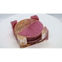 Resin Untersetzer | Ständer Halter 4Er Set Runde Transparent & Rosa Farben Funkelt Goldblätter Wohndekor Handgemachte Geschenk von NemaRelief
