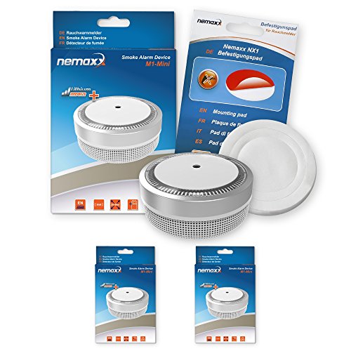 Nemaxx M1NX 2X Rauchmelder M1-Mini sensibler, photoelektrischer Rauchwarnmelder mit Lithiumbatterie Typ DC3V nach DIN EN14604-silber + NX1 Befestigungspad, Silber, 2er-Set, 2 Stück von Nemaxx