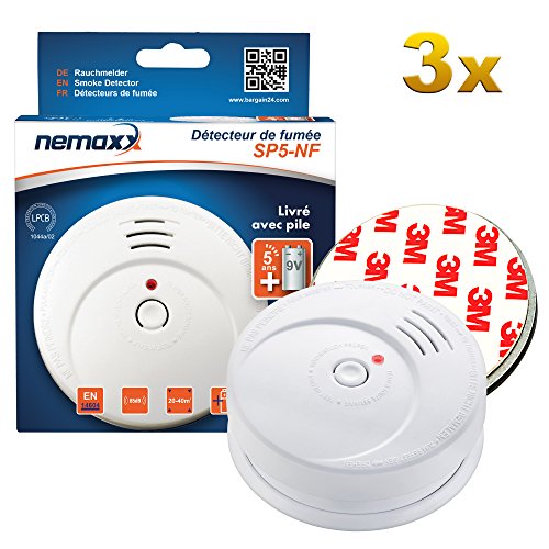 Nemaxx 6883 SP5-NF Rauchmelder-hochwertiger Rauchwarnmelder mit sensibler fotoelektrischer Technologie nach EN 14604 mit NF-Zertifikat + 3X Magnethalterung, 3er-Paket, 3 Stück von Nemaxx