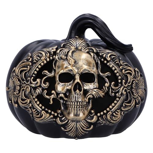 Nemesis Now Barock-Ernte-Kürbis-Schädel 16,7 cm, Harz, schwarzer Kürbis und Goldener Totenkopf-Ornament, Halloween-Dekor, Barock-Design, wiederverwendbarer Kürbis, gegossen aus feinstem Harz, von Nemesis Now