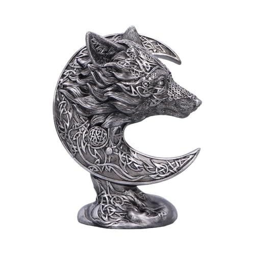 Nemesis Now Keltische Halbmondkunst, Wolf im Mond mit aufwendiger Knotenarbeit, mystische keltische Symbolik, schwarzes Harz mit Silber-Finish von Nemesis Now