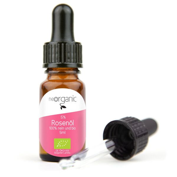 NeoOrganic Bio-Rosenöl (Rosa Damascena) – 5% naturreines ätherisches bio Rosenöl in bio Weingeist, aus dem bulgarischen Rosental – 5ml von NeoOrganic