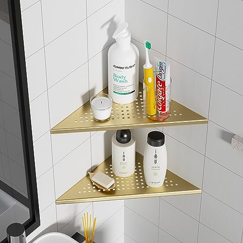 Neodrain 25,4 cm Eckregal Goldenes Wandregal Set von 2, schwebende Eckregale für Wand, 304 Edelstahl, Wandregale für Badezimmer, ohne Bohren von Neodrain