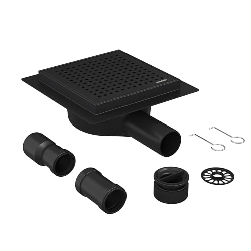 Neodrain Duschrinne Quadrat 360° Siphon Edelstahl Bodenablauf Dusche Schwarz mit Geruchsverschluss, Haarsieb, Ablaufrinne Duschablauf 15 x 15 cm von Neodrain