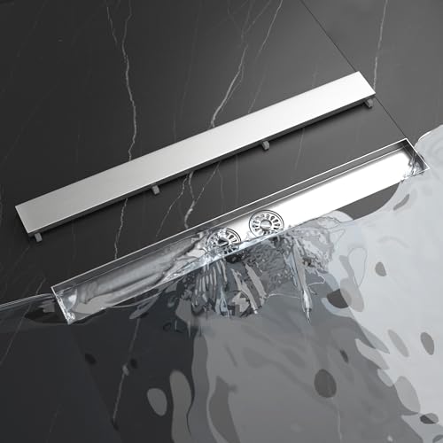Neodrain Duschrinne 80cm Edelstahl Bodenablauf mit 2 Abflüsse, 360° Siphon 2 in 1 Duschablauf Flach mit Geruchsstop Haarsieb Für Bad, Schnelle Entwässerung von Neodrain