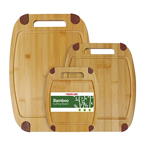 NEOFLAM® - Bambus Schneidebrett Holz rutschfest 3er Set Schneidbretter mit Griff & Saftrille - natürlich antibakteriell, Küchenbrett von Neoflam